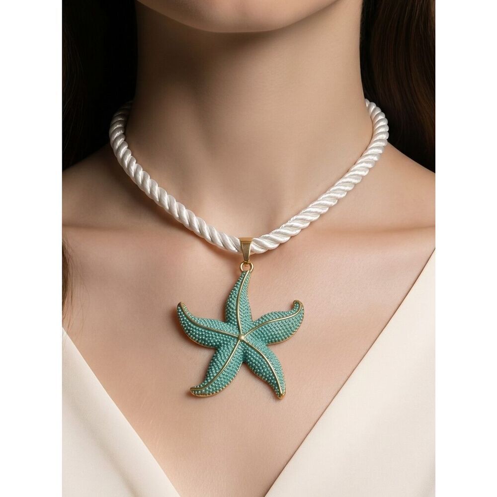 Seafoam Green Starfish Necklace White Nautical Rope Coastal Cruise Beach Chic
